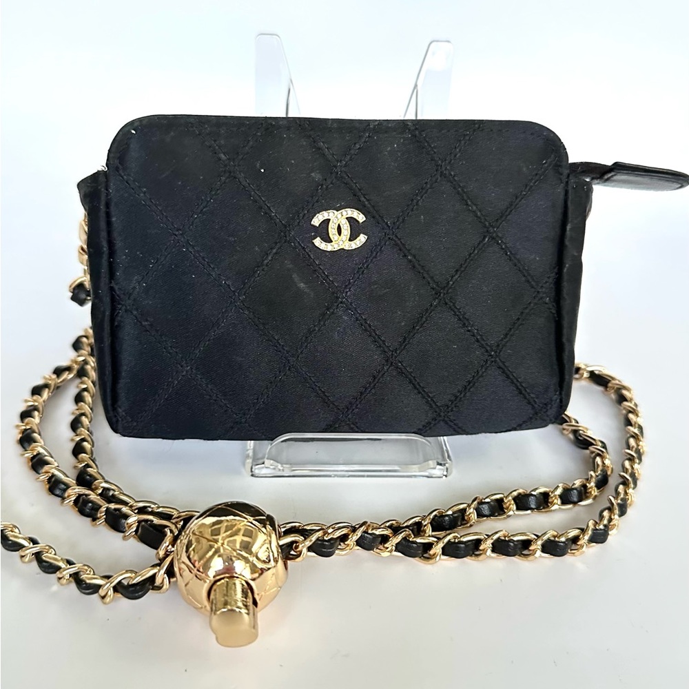 CHANEL CC Black Satin Crystal Crossbody Cosmetic Pouch